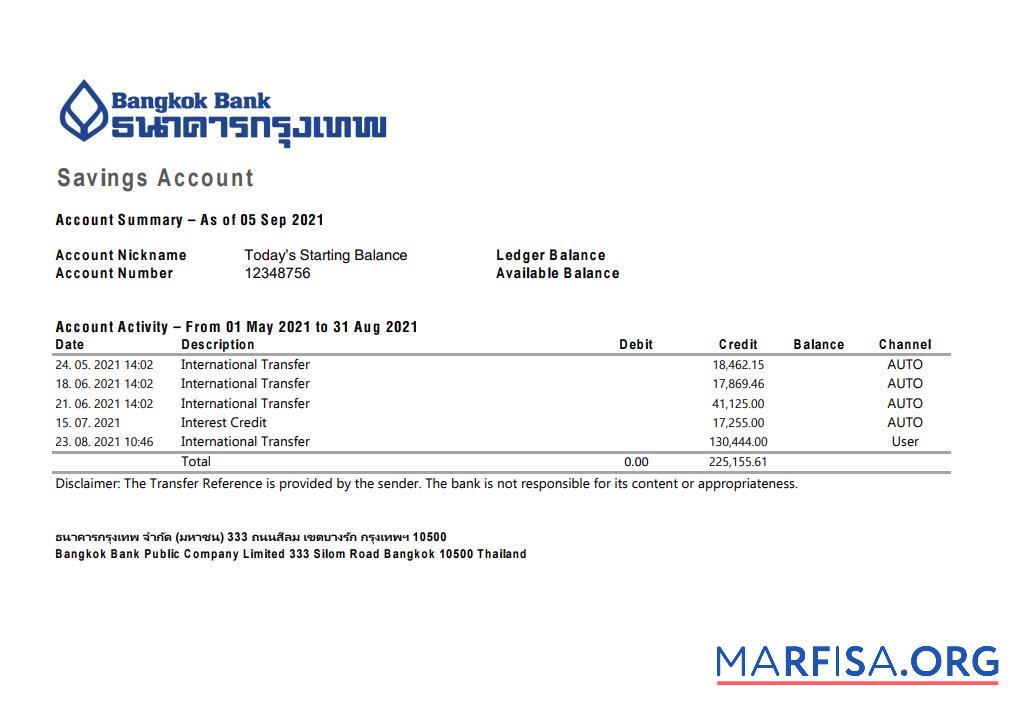 Blank Thailand Bangkok bank statement excel download for verification